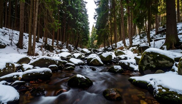 Snowy forest creek
