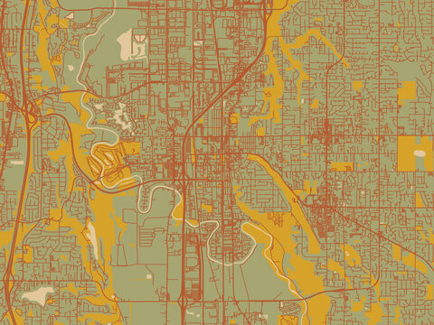 Modern flat map poster of Kent, Washington in sage green ground with rust-red roads and ochre accents.