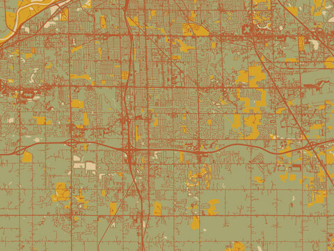 Minimalist flat city map of Kentwood, Michigan with sage/olive tone field with rust networks and ochre shapes, cream water.