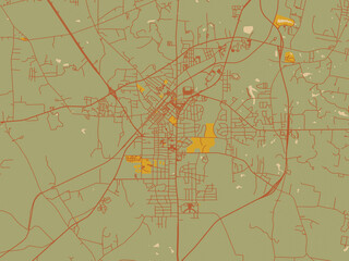 Decorative flat city map of kilgore, Texas using olive backdrop with warm rust street network and ochre blocks.