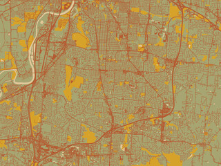 Decorative flat city map of Kettering, Ohio using muted sage base, rust-colored roads, and soft ochre highlights.