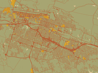 Vector-style flat map of Killeen, Texas with earthy sage background with rust roadways and ochre details.