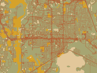 Decorative flat city map of Kissimmee, Florida using sage green ground with rust-red roads and ochre accents.