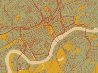 Abstract flat-design map of Knoxville Center, Tennessee, featuring sage green ground with rust-red roads and ochre accents.