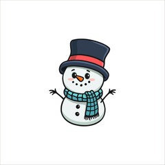cute cartoon snowman in hat with a scarf. Doodle style. Christmas card with snowman. Vector 