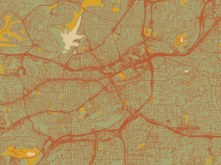 Abstract flat-design map of La Mesa, California, featuring sage green ground with rust-red roads and ochre accents.