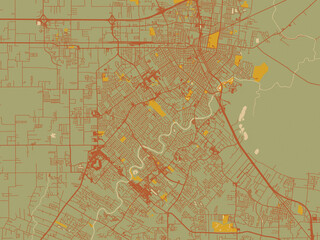 Fototapeta premium Abstract flat-design map of Lafayette, Louisiana, featuring sage green ground with rust-red roads and ochre accents.