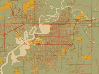 Naklejka premium Abstract flat-design map of Lake Charles, Louisiana, featuring olive backdrop with warm rust street network and ochre blocks.