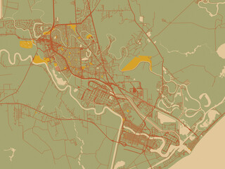 Modern flat map poster of Lake Jackson, Texas in sage green ground with rust-red roads and ochre accents.