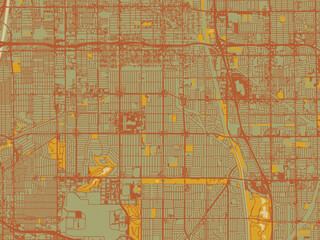 Decorative flat city map of Lakewood, California using earthy sage background with rust roadways and ochre details.