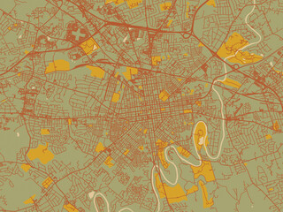 Obraz premium Abstract flat-design map of Lancaster, Pennsylvania, featuring olive backdrop with warm rust street network and ochre blocks.