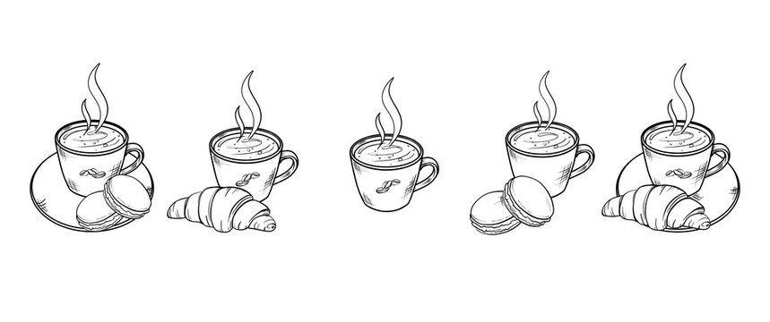 Horizontal sketch illustration set with coffee cups, croissants, and macarons. Monochrome border for a cafe. 