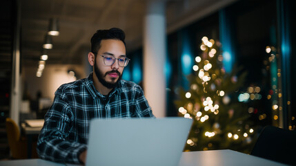 Hispanic man working on a laptop in a modern coworking office with a small christmas tree in the background.