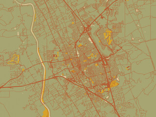 Abstract flat-design map of Las Cruces New, Mexico, featuring olive backdrop with warm rust street network and ochre blocks.