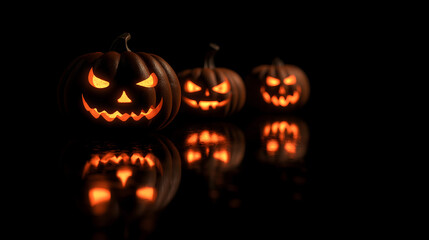 Spooky Halloween Jack o Lantern Pumpkins glowing on dark night background