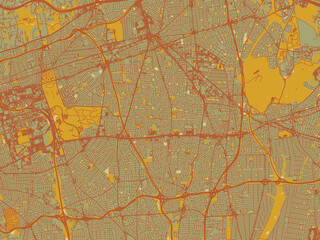 Decorative flat city map of Levittown, New York using muted sage base, rust-colored roads, and soft ochre highlights.