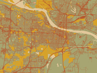 Modern flat map poster of Little Rock, Arkansas in sage green ground with rust-red roads and ochre accents.