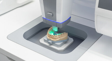 Closeup dental 3d printer in action, creating customfit dental bridge or crown with glowing green light, highlighting the precision additive manufacturing in dentistry