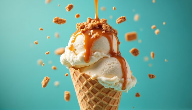 Creamy vanilla ice cream scoops in a waffle cone topped with caramel sauce and cookie crumbles. Delicious dessert melting with sweet toppings falling around.