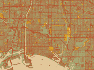 Decorative flat city map of Long Beach, California using muted sage base, rust-colored roads, and soft ochre highlights.
