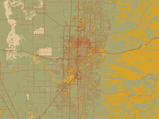 Poster-ready flat map of Logan, Utah, muted sage base, rust-colored roads, and soft ochre highlights.