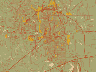 Contemporary flat map of Longview, Texas rendered with muted sage base, rust-colored roads, and soft ochre highlights.