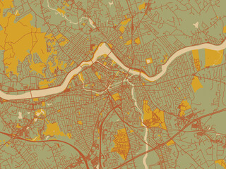 Contemporary flat map of Lowell, Massachusetts rendered with muted sage base, rust-colored roads, and soft ochre highlights.