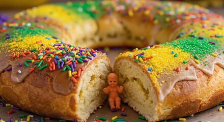 King cake with colorful sprinkles and baby figurine decoration  