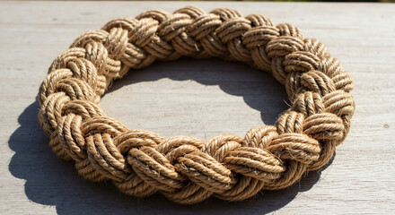 Braided rope wreath on wooden surface in natural sunlight  