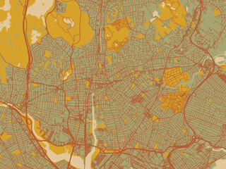 Vector-style flat map of Malden, Massachusetts with earthy sage background with rust roadways and ochre details.
