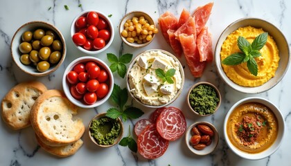 Flat lay view of mediterranean mezze food platter with dips, olives, cherry tomatoes, cured meat, pita bread. Appetizers are arranged on marble table for sharing and communal meal.