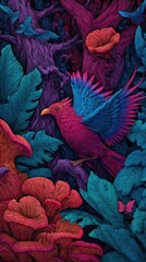 Vibrant fantasy bird in a surreal colorful forest at night