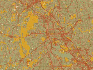Abstract flat-design map of Marietta, Georgia, featuring muted sage base, rust-colored roads, and soft ochre highlights.