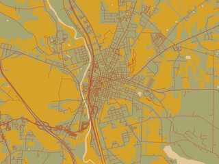 Vector-style flat map of Meadville, Pennsylvania with muted sage base, rust-colored roads, and soft ochre highlights.