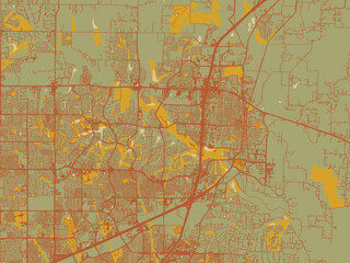 Fototapeta premium Minimalist flat city map of McKinney, Texas with sage/olive tone field with rust networks and ochre shapes, cream water.