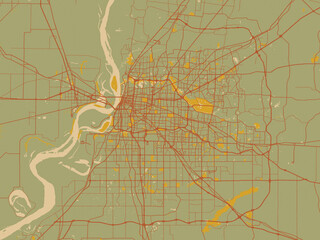 Vector-style flat map of Memphis Metro, Tennessee with muted sage base, rust-colored roads, and soft ochre highlights.