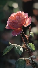 Close up of a blooming pink rose with delicate petals and green leaves