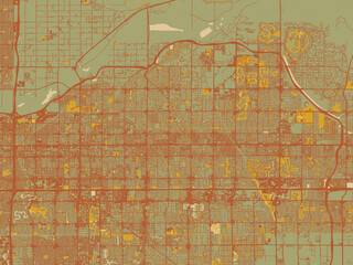 Flat painterly map of Mesa, Arizona in olive backdrop with warm rust street network and ochre blocks.