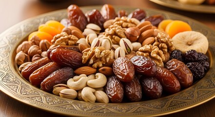 A golden plate filled with a variety of dried fruits and nuts, creating a healthy and delicious snack