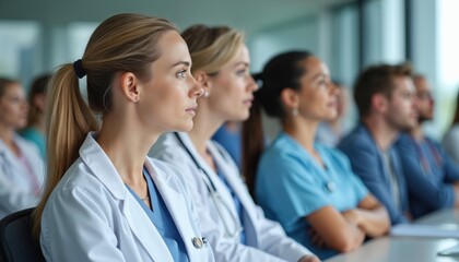 Medical professionals attentively listen at healthcare seminar. Doctors, nurses attend training session, focused on continuous education, skill development. Diverse group learns new info, improves