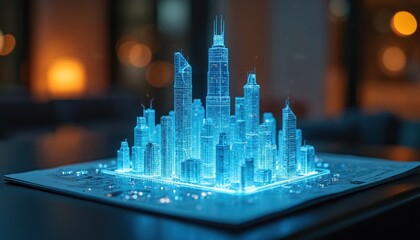 Futuristic cityscape model with glowing blue skyscrapers. Miniature architectural design displays urban future planning and high tech concepts. This 3d render shows a detailed city.