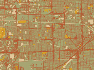 Abstract flat-design map of Miami Gardens, Florida, featuring sage/olive tone field with rust networks and ochre shapes, cream water.