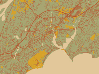 Contemporary flat map of Midford, Connecticut rendered with olive backdrop with warm rust street network and ochre blocks.