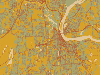 Graphic flat color map of Middletown, Connecticut in earthy sage background with rust roadways and ochre details.