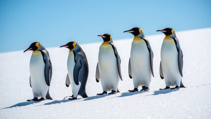 Fototapeta premium Majestic penguins standing in line on snowy landscape, showcasing their unique colors and features under clear blue sky