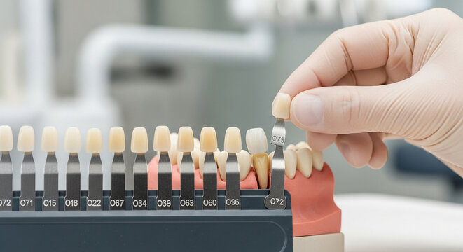 Dentist holding tooth shade guide and dental model to select the perfect color for dental crown or veneer