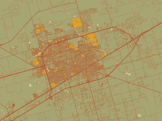 Fototapeta premium Graphic flat color map of Midland, Texas in muted sage base, rust-colored roads, and soft ochre highlights.