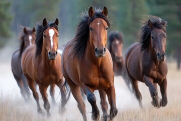 Obraz premium Horses galloping through a dusty field at sunset in a forested area