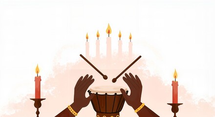 African drums being played with hands and sticks on white background  