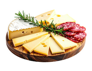 Assorted cheeses and salami on a wooden board